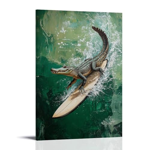 LMLZZZWD Tier-Ölgemälde eines Krokodils, das eine Flussoberfläche auf einem Surfbrett schäumt, minimale Dschungelgrüne Leinwand. Zeitgenössische Wandkunst, Wandbild, dekoratives Poster, 60 x 90 cm von LMLZZZWD