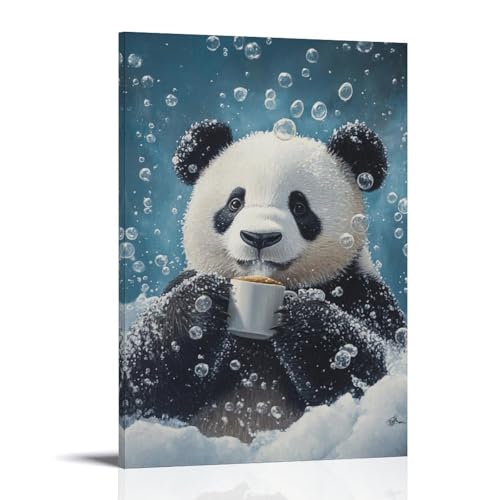 LMLZZZWD Tier-Ölgemälde eines Pandas, der eine Kaffeetasse hält, während er vollständig mit Badeblasen bedeckt ist. Modernes Wandbild, dekoratives Poster, 40 x 60 cm von LMLZZZWD