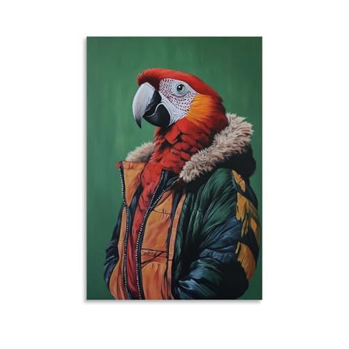 LMLZZZWD Tier-Ölgemälde eines Papageis in einer Fliegerjacke, der über Wälder gleitet, vor einem flachen jadegrünen Hintergrund. Zeitgenössische Wandkunst, Wandbild, dekoratives Poster, 30 x 45 cm von LMLZZZWD