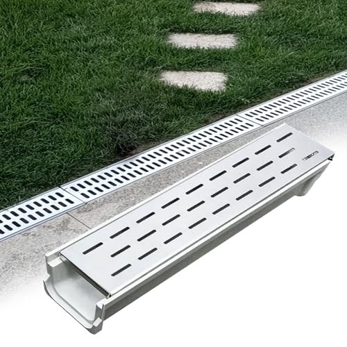 LMMIAOZ Rinnenablauf 23,6 x 4 x 3,4 Zoll, Grabenablaufsystem aus Harzmaterial, Garagenbodenablauf, Entwässerungsgraben, mit Endkappen aus Edelstahl, für Poolablaufauffahrt (Farbe: Silber, von LMMIAOZ