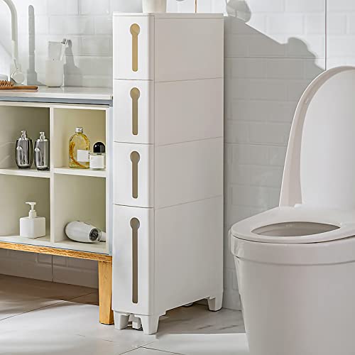 LMMIAOZ stapelbare Aufbewahrungsschubladen, schmaler Badezimmer-Unterschrank für Lücken, schmaler Schubladen-Aufbewahrungsturm mit 4 Schubladen und 2 Rollen, Standschrank, Toilet von LMMIAOZ