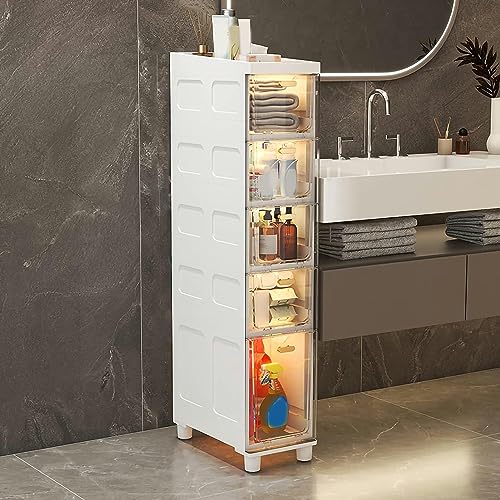 LMMIAOZ stapelbare Aufbewahrungsschubladen, schmaler Badezimmerschrank, schmaler Toilettenpapierschrank mit großer Kapazität und durchsichtigen Kunststoffschubladen, Rollen, schm von LMMIAOZ