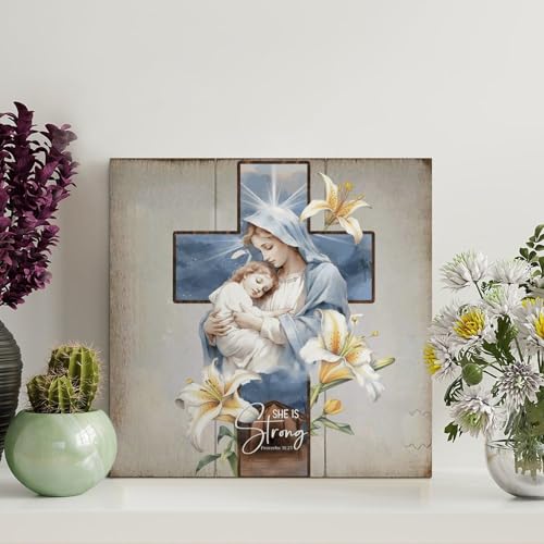 LMMIXEE Lustiges Holzschild mit Bibelvers und Aufschrift "She Is Strong", rustikal, christlich, Wandkunst, Bauernhaus-Dekoration, Küche, Retro-Schild, Einweihungsgeschenk, 20,3 x 20,3 cm LMMIXEE Lustiges Holzschild mit Bibelvers und Aufschrift "She Is Strong", rustikal, christlich, Wandkunst, Bauernhaus-Dekoration, Küche, Retro-Schild, Einweihungsgeschenk, 20,3 x 20,3 cm von LMMIXEE