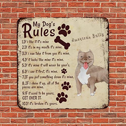 Lustiges Haustier Hund Metallschild American Bully My Dog's Rules Vintage Hund Willkommensschild Klassisches Zimmer Pub Schild Plaque Retro Metall Poster für Veranda Mann Höhle Raumdekoration 30,5 cm von LMMIXEE