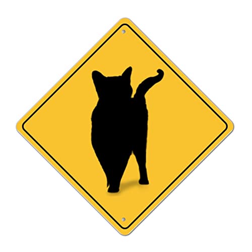 Vorsicht Katze Kreuzung Xing Schild Lustiges Metallschild Retro Straße Straßenschild Langsam Katze Kreuzzone Warnung Vorsicht Schild Rhombus Form Metallschild für Rasen Hinterhof Dekor von LMMIXEE