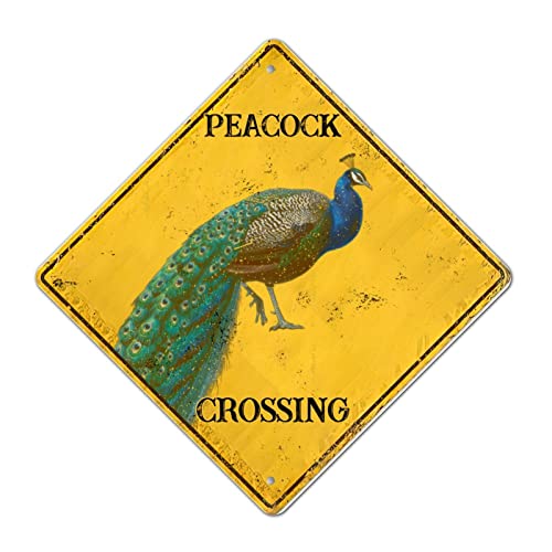 LMMIXEE Schild mit Aufschrift "Caution Peacock Crossing Xing", rostiges Metall-Blechschild, Vintage-Tier-Straßenschild, langsamer Pfauüberquerungszone, Warnung, Warnschild, Rautenform, Metallschild von LMMIXEE