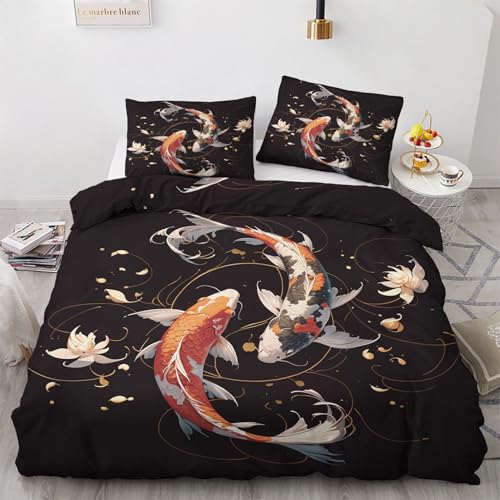 LMMSMGS Bettwäsche 135x200 Goldfisch Bettwäsche-Sets– Weiches Mikrofaser-Set mit Bettbezug 135x200 + 1 Kissenbezüge 80x80 mit Reißverschluss Eckbinder für Mädchen Jungen von LMMSMGS