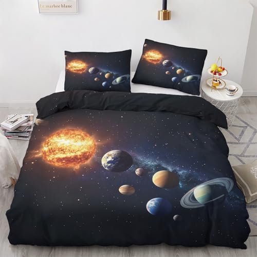 LMMSMGS Bettwäsche 140x200 70x90 Sonnensystem Bettwäsche-Sets– Weiches Mikrofaser-Set mit Bettbezug 140x200 + 1 Kissenbezüge mit Reißverschluss Eckbinder für Mädchen Jungen von LMMSMGS