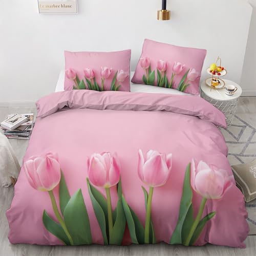 LMMSMGS Bettwäsche 155x220 Tulpe Bettwäsche-Sets– Weiches Mikrofaser-Set mit Bettbezug 155x220 + 1 Kissenbezüge 80x80 mit Reißverschluss Eckbinder für Mädchen Jungen von LMMSMGS