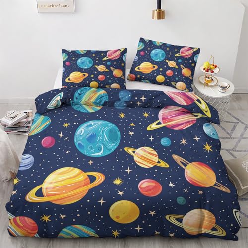 LMMSMGS Bettwäsche 200x200 Weltraum Bettwäsche-Sets– Weiches Mikrofaser-Set mit Bettbezug 200x200 + 2 Kissenbezüge 80x80 mit Reißverschluss Eckbinder für Mädchen Jungen von LMMSMGS