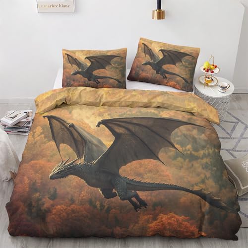 LMMSMGS Bettwäsche 200x220 Drache Bettwäsche-Sets– Weiches Mikrofaser-Set mit Bettbezug 200x220 + 2 Kissenbezüge 80x80 mit Reißverschluss Eckbinder für Mädchen Jungen von LMMSMGS