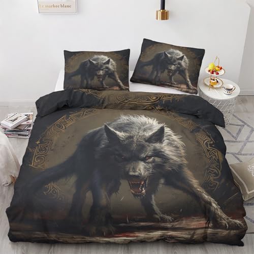 LMMSMGS Bettwäsche 200x220 Grauer Wolf Bettwäsche-Sets– Weiches Mikrofaser-Set mit Bettbezug 200x220 + 2 Kissenbezüge 80x80 mit Reißverschluss Eckbinder für Mädchen Jungen von LMMSMGS