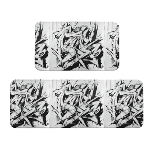 Küchenmatten mit Graffiti-Zeichnung, 2 Stück, rutschfeste Schreibtischunterlage, Küchenteppich-Set für Küche, Boden, Büro Küchenmatten mit Graffiti-Zeichnung, 2 Stück, rutschfeste Schreibtischunterlage, Küchenteppich-Set für Küche, Boden, Büro von LMNUDS