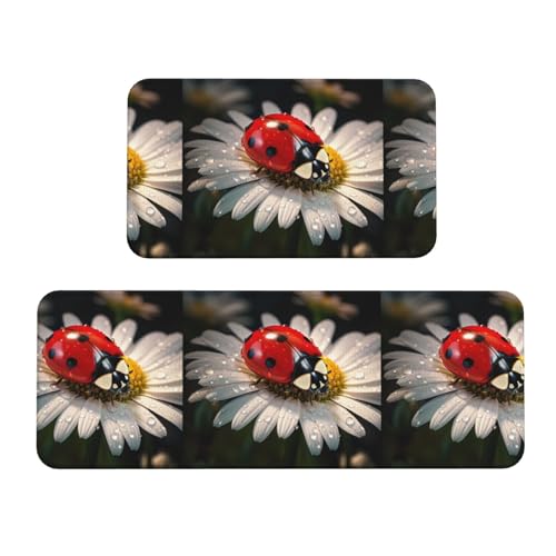 Küchenmatten mit Marienkäfer-Blumenmuster, 2 Stück, rutschfeste Schreibtischunterlage, Küchenteppich-Set für Küche, Boden, Büro Küchenmatten mit Marienkäfer-Blumenmuster, 2 Stück, rutschfeste Schreibtischunterlage, Küchenteppich-Set für Küche, Boden, Büro von LMNUDS
