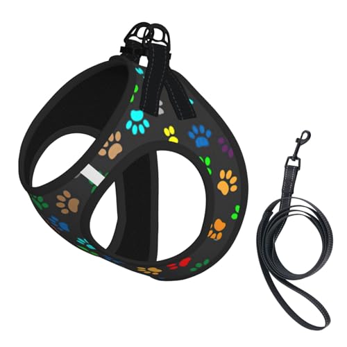 Hundegeschirr mit buntem Pfotenabdruck, verstellbar, für Katzen und Hunde, weich, atmungsaktiv, mit reflektierendem Design, ausbruchsichere Leine für kleine Haustiere von LMNvbz