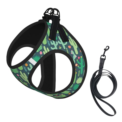 Hundegeschirr mit niedlichem Kaktusmuster, nahtlos, Illustrationsdruck, verstellbar, für Katzen und Hunde, weich, atmungsaktiv, Netzweste mit reflektierendem Design, ausbruchsichere Leine für kleine von LMNvbz