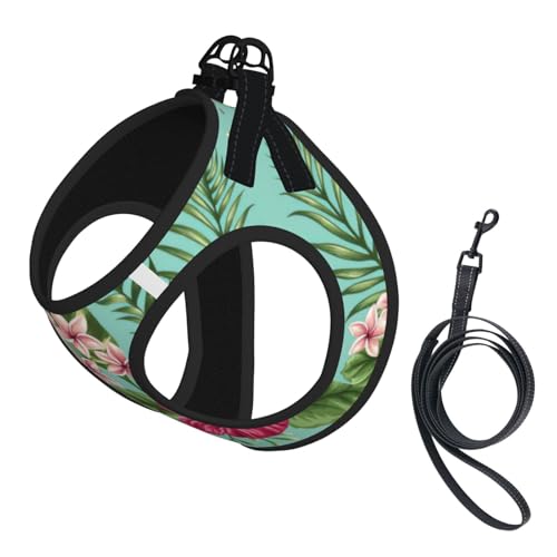 Verstellbares Geschirr-Set für Katzen und Hunde, Motiv: Hawaiianische tropische Blätter, Blumen, weich, atmungsaktiv, für Kätzchen, Welpen, Netzweste mit reflektierendem Design, ausbruchsichere Leine von LMNvbz