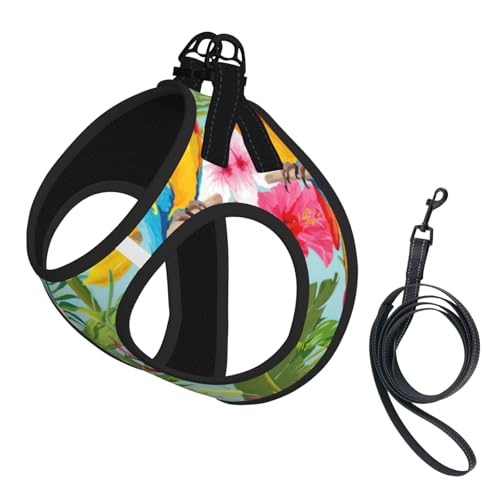 Verstellbares Geschirr mit tropischen Pflanzen und Papageien, für Katzen und Hunde, weich, atmungsaktiv, Kätzchen-Welpen-Netzweste mit reflektierendem Design, ausbruchsichere Leine für kleine von LMNvbz