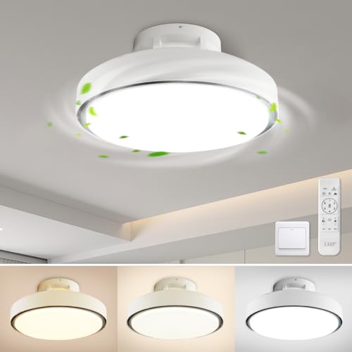 LMP Deckenventilator mit Licht Beleuchtung 48CM, 74W Flach Leise Lampe mit Ventilator Fernbedienung, LED Dimmbar Deckenleuchte Deckenlampe mit Ventilator Decke für Schlafzimmer, Weiß & Grau von LMP