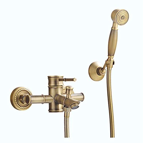 LMRJHAZ Antike Messing Duscharmaturen Wandmontage Badezimmer Wasserhahn Großer runder Duschkopf Hand-Badewannen-Mischer-Set, Antik-Messing B von LMRJHAZ