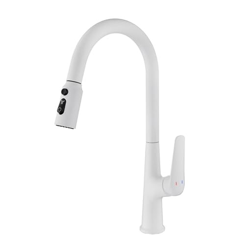 LMRJHAZ Küchenspüle Mixer Wasserhahn weiß mit Pull Down Sprühgerät Schwenk 3-Mode Heißes und kaltes Wasser Eingang ein Loch Messing Waschbecken Wasserhahn-Weiß von LMRJHAZ