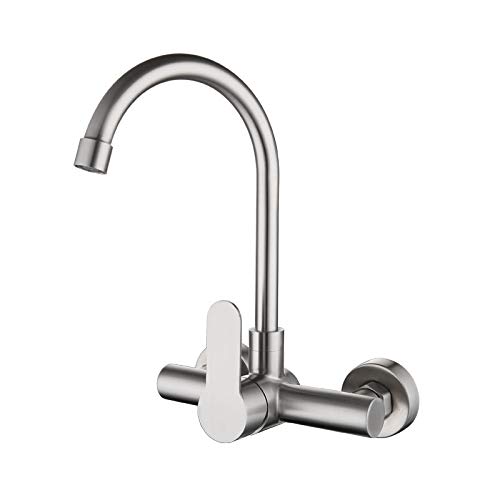 LMRJHAZM Bianbhuo Water Kitchen Tap 304 Edelstahl Doppelloch Wand und Kaltwasser Wasserhahn Balkon Waschküche Drehung Heiß und Kalt Wasserhahn schräg sieben von LMRJHAZM