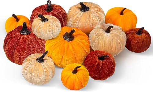 LMSHOWOWO 12PCS Herbst Deko Künstliche Kürbisse, Orange Braun Khaki Schaum Simulation Kürbis, Lifelike Samt Kürbisse, für Herbstdeko Herbst Ernte Thanksgiving Halloween Tisch Zuhause Party Dekoration von LMSHOWOWO