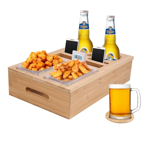 Couch Bar Snack Box, Couch Konsole Snack Tablett, Getränkehalter mit abnehmbarem Deckel und Acryl Snackschalen, einfach zu reinigen, für Wohnzimmer SofaGeeignet für Wohnzimmer Sofa Picknick Party von LMTNNB