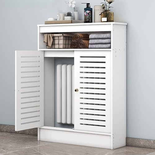 LMTYBOC Badezimmer-Bodenschrank mit Lamellentüren, dekorativer Heizkörperabdeckung und großem WLAN-Router-Organizer, vertikales Lamellen-Design (99,8 x 99,8 x 19,8 cm), Weiß von LMTYBOC