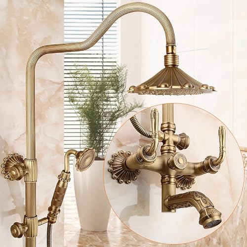 LMXRYPD Duschsystem aus Antikem Messing, 3-Funktions-Duschsystem mit Freiliegendem Rohr, 21 cm Oberbrause, Handbrause und Drehbarem Wasserhahn, Wandmontierte(A1) von LMXRYPD