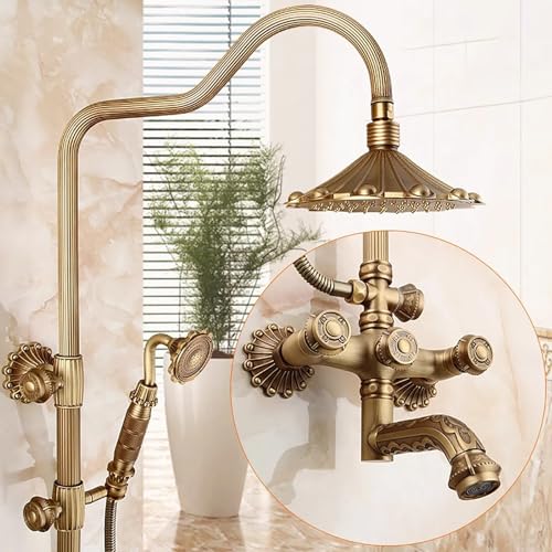 LMXRYPD Duschsystem aus Antikem Messing, 3-Funktions-Duschsystem mit Freiliegendem Rohr, 21 cm Oberbrause, Handbrause und Drehbarem Wasserhahn, Wandmontierte(A2) von LMXRYPD