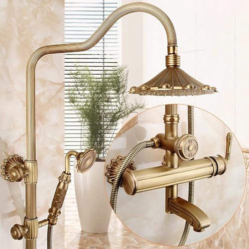 LMXRYPD Duschsystem aus Antikem Messing, 3-Funktions-Duschsystem mit Freiliegendem Rohr, 21 cm Oberbrause, Handbrause und Drehbarem Wasserhahn, Wandmontierte(A5) von LMXRYPD