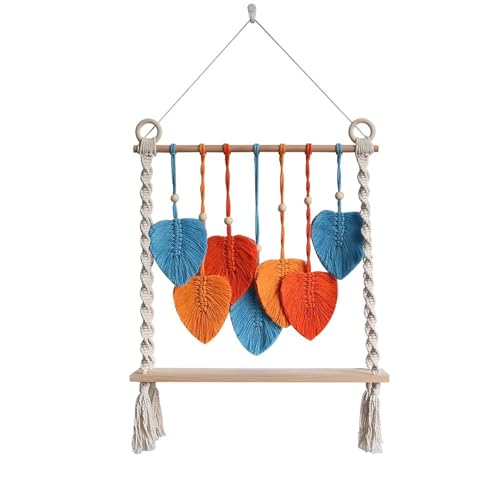 LMXRYPD Wandschienen Regalsystem, Boho-Wandregal für Pflanzen, Aufbewahrungsregal aus Holz, mit Handgefertigten Gewebten Blättern, Dekoration für Mädchenschlafzimmer(Orange) von LMXRYPD