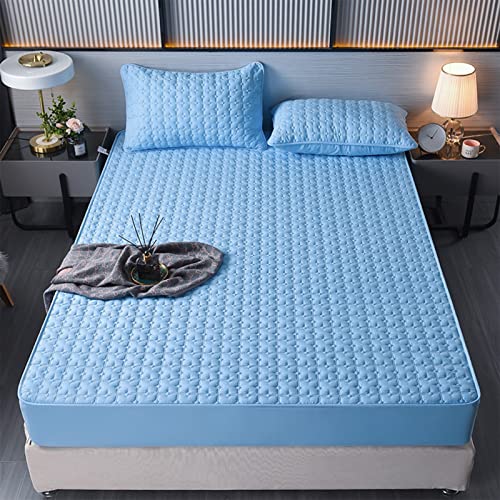 LMXSHJI Spannbettuch Gesteppte Verdickung Gewaschener Baumwollstoff Tagesdecke Matratzenschoner Alle Jahreszeiten (Farbe : Blau, Größe : 200x200cm/High 26-36cm) von LMXSHJI