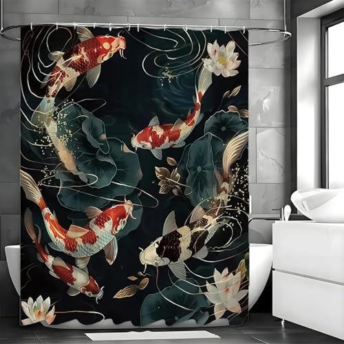 LMYCHENG Duschvorhang mit Koi-Lotusblättern und Lotusblüten, Badezimmerdekor, Badewannenvorhang, wasserdichter Duschvorhang mit Haken, 230 x 165 cm (B x H), Blau von LMYCHENG