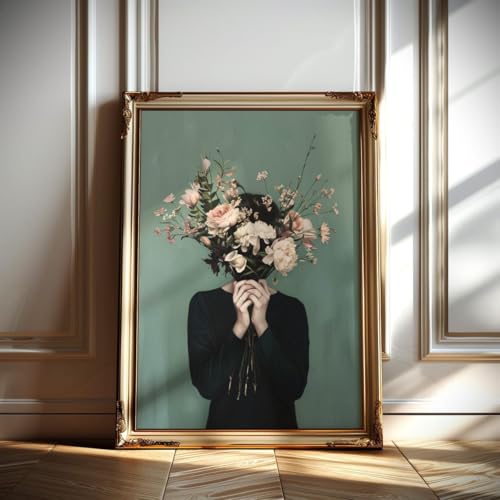 LMYCHENG Minimalistisches Frauengemälde, Blumenposter, grünes Blumen-Wandbild, botanisches Porträt, Boho-Heimdekor, ästhetischer Kunstdruck (50 x 70 cm/rahmenlos) von LMYCHENG