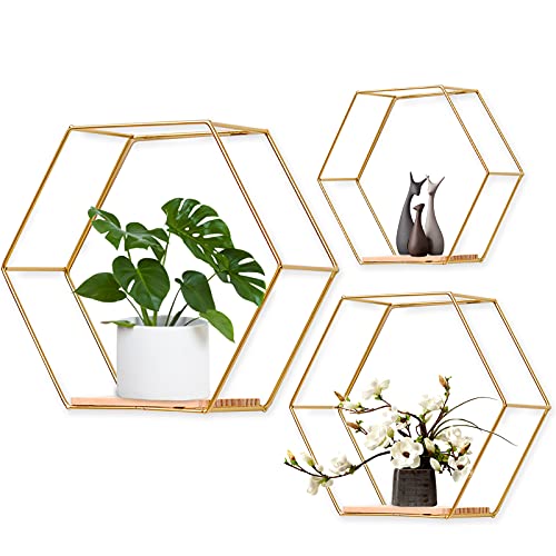 LMYDIDO 3er-Set Hexagon Wandregal Hängeregal, Metall und Holz Schweberegal Wandaufbewahrung Organizer für Küchenregal, Badezimmer, Schlafzimmer, Wanddekoration (Gold) von LMYDIDO