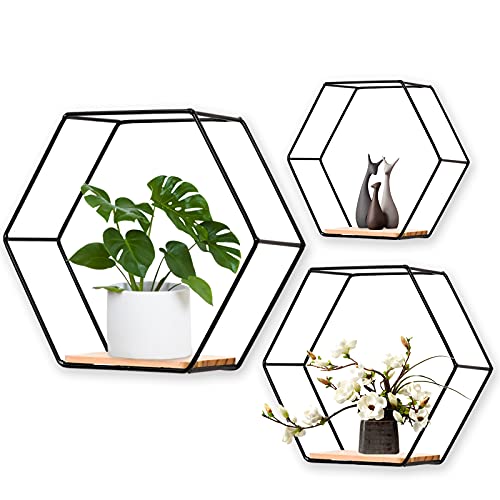 LMYDIDO 3er-Set Hexagon Wandregal Hängeregal, Metall und Holz Schweberegal Wandaufbewahrung Organizer für Küchenregal, Badezimmer, Schlafzimmer, Wanddekoration (Schwarz) von LMYDIDO