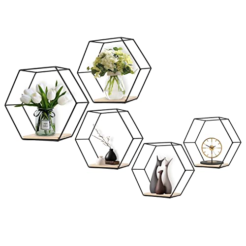 LMYDIDO 5er-Set Hexagon Wandregal Hängeregal, Metall und Holz Schweberegal Wandaufbewahrung Organizer für Küchenregal, Badezimmer, Schlafzimmer, Wanddekoration von LMYDIDO