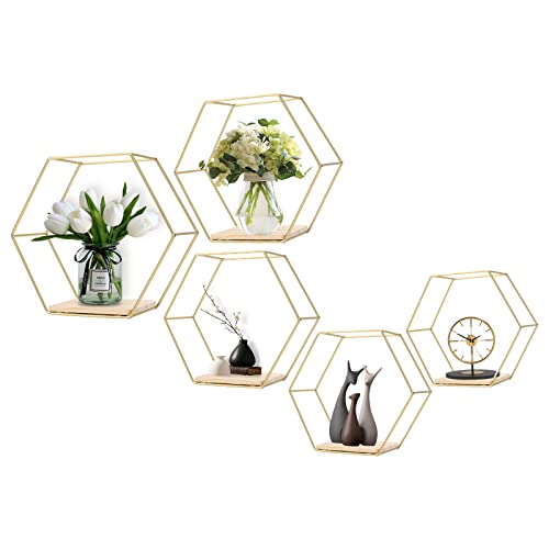 LMYDIDO 5er-Set Hexagon Wandregal Hängeregal, Metall und Holz Schweberegal Wandaufbewahrung Organizer für Küchenregal, Badezimmer, Schlafzimmer, Wanddekoration von LMYDIDO