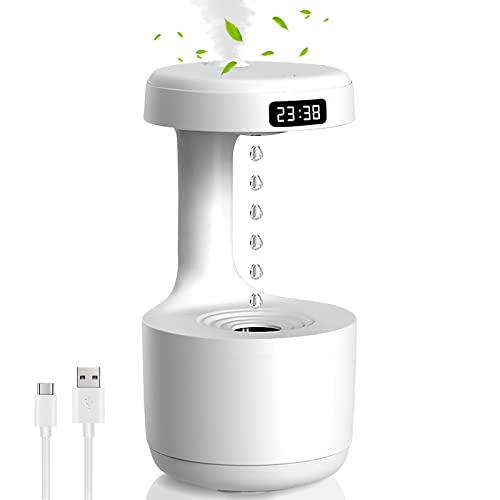 Ultraschall Luftbefeuchter 800ml USB Mini Humidifier mit Anti Schwerkraft Wassertropfen Lichteffekte, LED Uhr Anzeige, Automatische Abschaltung, Leise Energieeinsparung, für Wohnzimmer Büro(Weiß) von LMYDIDO