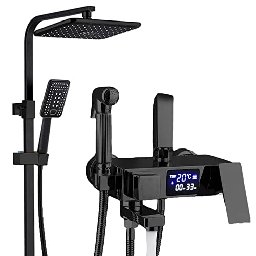 Hochdruck-Duschkopf Handbrause 4-in-1 Wandmontiertes Duschsystem mit digitalem Bildschirm und 4 Funktions-Einstellknopf, Duscharmatur-Set für Badezimmer (Schwarz) von LMYFGHRD