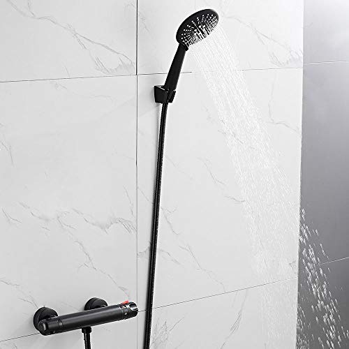 Schwarz Thermostat-Duschsystem mit Badewannenmischbatterien Handbrause & Schlauch Wandmontage Messing Badarmatur mit Sicherheitsknopf Schwarz Thermostat-Duschsystem mit Badewannenmischbatterien Handbrause & Schlauch Wandmontage Messing Badarmatur mit Sicherheitsknopf von LMYFGHRD