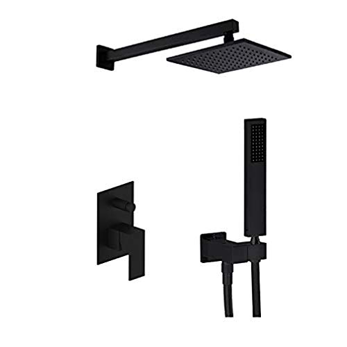 Wandhalterung Badezimmer Luxus Regenmischer Dusche Combo Set Schwarz Matt Malerei Quadratisch Duschkopf System Duschverkleidung Kit Keramikventil Duschset 10 Zoll-A(10 Zoll) von LMYFGHRD