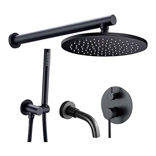 Wandmontiertes Messing Schwarz Umstellmischer Badezimmer Duschset mit 20,3 - 30,5 cm Messing runder Regenduschkopf Handbrause und Wannenarmaturen Luxus-Duschset A-10 tum(10 tum) von LMYFGHRD