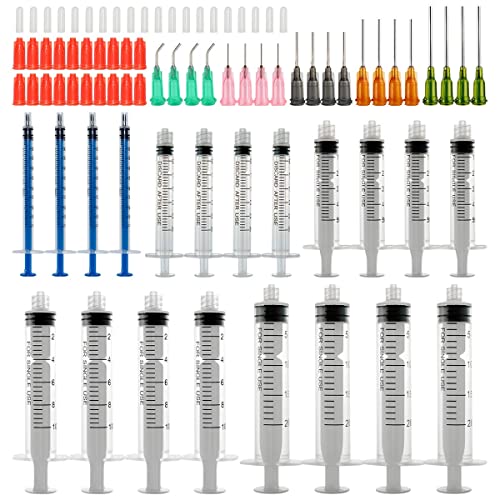 Spritzen Set mit stumpfen Nadeln, 1ml, 3ml, 5ml,10ml, 20ml mit 14g, 15g,16g, 18g, 20g stumpfen Nadeln und Spritzen-Kappe für DIY Craft Nachfüllkleber, industrielle Anwendungen (20 Stück) von LMYKH