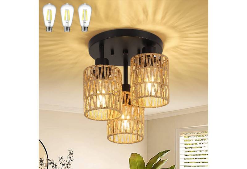 LMaxhome LED Deckenleuchte Hängend Boho Rattan Deckenlampe 3-flammige Braun Für Wohnzimmer Küche, mit 3-E27 Glühbirnen Vintage Kronleuchter Hängelampe Schlafzimmer Flur von LMaxhome