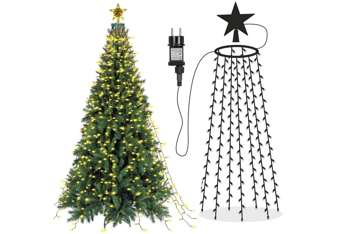 LMaxhome LED-Lichterkette Baumbeleuchtung Wasserfall Lichterkette mit Sterne Weihnachtsbaum Deko, 3M, 490-flammig, 8 Modi Timer, Topper Star, Wasserdicht, Aussen, Innen von LMaxhome