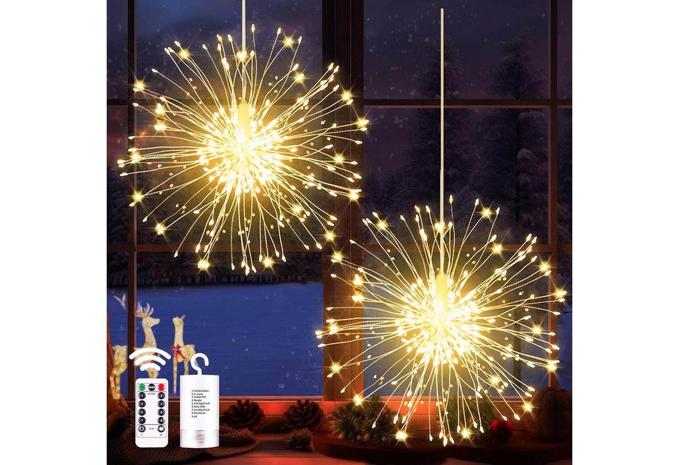 LMaxhome LED-Lichterkette Feuerwerk Wasserdicht Weihnachtsbeleuchtung mit Fernbedienung, Timer, (2/4St) 8 Modi Fenster Weihnachtslichter für Innen Aussen Garten Deko von LMaxhome
