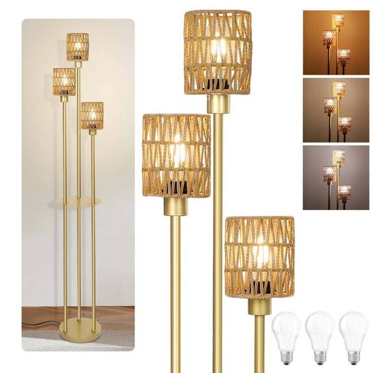 LMaxhome LED Stehlampe Boho Stehleuchte Dimmbar 3 Farbtemperatur Fußschalter 175cm mit Regal, Gold, mit 3 LED-Glühbirnen, Kaltweiß, Naturweiß, Warmweiß, Rattan Leselampe Wohnzimmer Schlafzimmer Büro Energiesparend Langlebig von LMaxhome